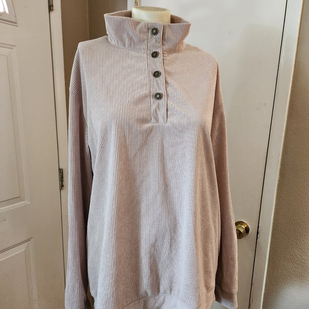 Hengsheng Jeans Pullover Sweater Mens L Beige 4 Button Cotton Elbow Patches VTG